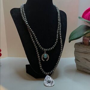 Turquoise and Silver Bead Double-Strand Necklace with Matching Earrings